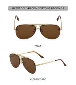 Detail of matte gold double-bridge pilot sunglasses with textured rims and brown lenses