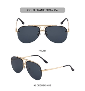 Front and 45-degree side view of gold metal semi-rimless aviator sunglasses with gray lenses