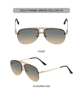 Dual-view display of gold aviator sunglasses with green-yellow gradient lenses and double bridge