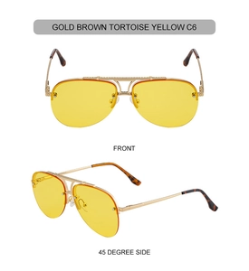 Front and side view of gold metal semi-rimless aviator sunglasses with yellow lenses