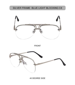 Detail of silver half-rim pilot sunglasses with double bridge and blue light blocking