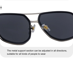 Macro detail of adjustable silicone nose pads and silver metal bridge on square sunglasses