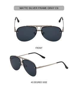 Detailed view of matte silver aviator sunglasses with gray lenses in front and side angles