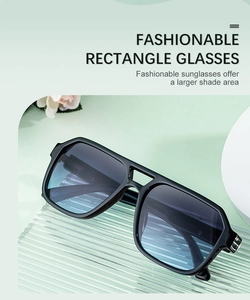 Macro view of double bridge square sunglasses showing model specs on the inner temple