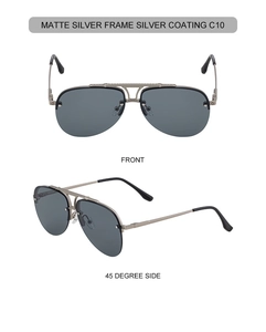 Detail view of matte silver metal aviator sunglasses with silver coating lenses and double bridge