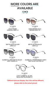 Grid display of square frame aviator sunglasses in various colors with metallic temples