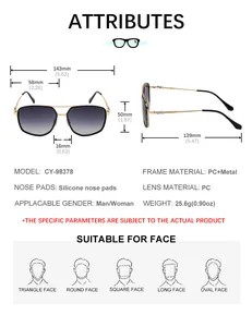 Detailed size guide for men square sunglasses with PC metal frame and 143mm total width