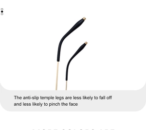 Detail of matte black temple tips with gold metal hinges for non-slip comfort and secure fit