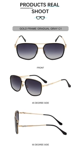 Detailed multi-angle views of gold frame aviator sunglasses with gradient gray lenses
