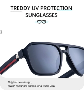 Detail view of square frame sunglasses showing double bridge and red stripe temple accents