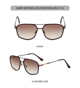 Detail view of square aviator sunglasses with dark brown frames and metal hinges