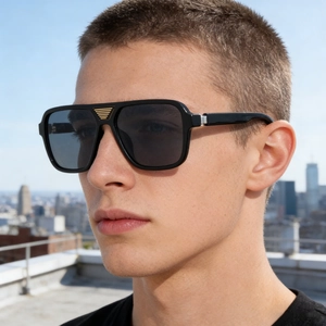 Men's square black sunglasses featuring golden eagle bridge accent and polarized lenses