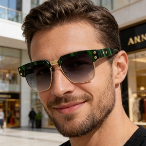 Close-up of stylish green marble and gold square polarized sunglasses worn by male model