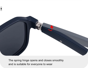 Detail of silver metal spring hinges on square sunglasses for a flexible, comfortable fit