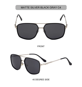 Detail of matte silver square frame sunglasses with double bridge and dark gray lenses