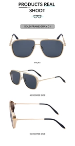 Detail view of gold metal pilot sunglasses with gray lenses and textured side shields
