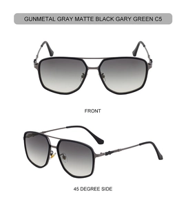 Detail view of gunmetal aviator sunglasses with dual-bridge metal frame and gradient lenses