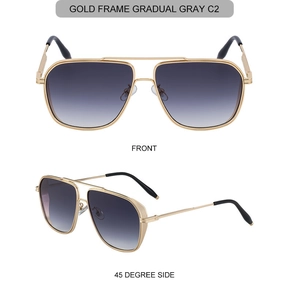 Front and 45-degree side view of gold metal square aviator sunglasses with gradient gray lenses