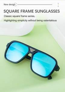 Detail of square black matte sunglasses with vibrant blue mirrored lenses and silver nose bridge