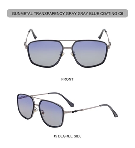 Front and 45-degree views of gunmetal navigator sunglasses with gray-blue gradient lenses