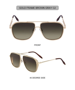 Front and side view of gold metal aviator sunglasses with brown gray gradient lenses