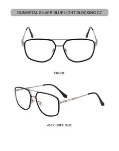 Detail view of gunmetal silver square aviator sunglasses with metal double bridge frame