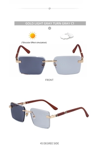 Detail of square photochromic sunglasses with gold frames and brown wood grain temples