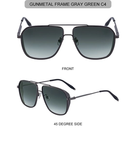 Front and 45-degree side views of gunmetal square metal sunglasses with double bridge