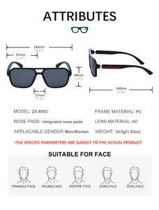 Detailed size chart for square double-bridge sunglasses with frame and lens measurements