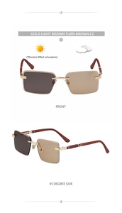 Detail of square photochromic sunglasses with wood texture temples and metal accents