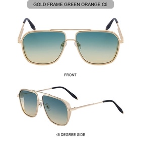 Detail of square gold metal aviator sunglasses with gradient blue orange lenses