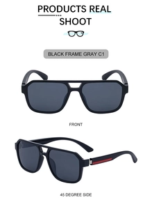 Front and side view of square black sunglasses with classic red stripe temple detail