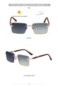 Macro detail of square rimless sunglasses with wooden temples and photochromic lenses