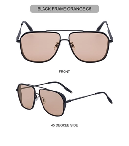 Front and side view of square double-bridge aviator sunglasses with black metal frame