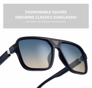 Close-up of square sunglasses featuring gradient lenses and gold bridge detail