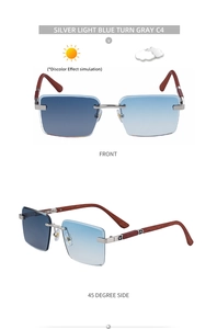 Detail view of rimless square sunglasses with light blue photochromic lenses and silver metal