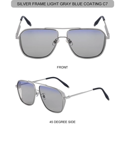 Detail of silver metal frame sunglasses with light gray blue coated lenses from two angles