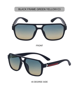 Detail view of square frame sunglasses with green-yellow gradient lenses and red temple accents