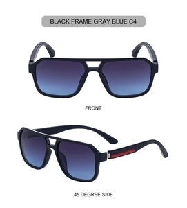 Modern square black sunglasses with blue gradient lenses and red temple accents