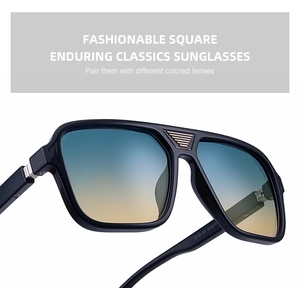 Detail of square polarized sunglasses with blue-yellow gradient lenses and gold bridge accent