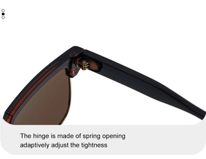 Macro view of adjustable metal spring hinges on brown translucent square sunglasses