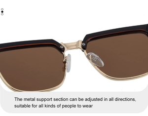 Detail of adjustable silicone nose pads and sturdy gold metal bridge on square sunglasses