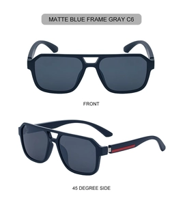 Detail view of matte blue navigator sunglasses with double bridge and red stripe accents
