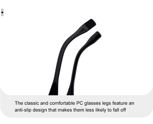 Detail view of ergonomic black non-slip glasses temples made of durable PC material