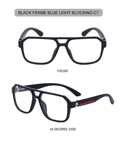 Detail view of black square frame sunglasses with green and red stripe on the temples