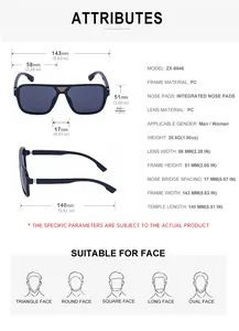 Detailed size chart for square frame sunglasses with precise lens and bridge dimensions