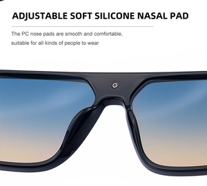 Detail of adjustable soft silicone nasal pads on black square polarized sunglasses