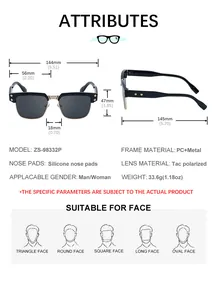 Detailed size chart for polarized square sunglasses showing frame and lens dimensions