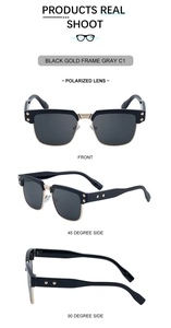 Three views of retro square polarized sunglasses featuring black frames and gold accents