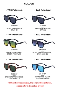 Detailed grid of TAC polarized square sunglasses in various lens and frame colors
